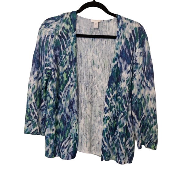 Chico’s Blue Green Watercolor Open-Front Cardigan Lightweight Sweater sz S - Picture 3 of 5